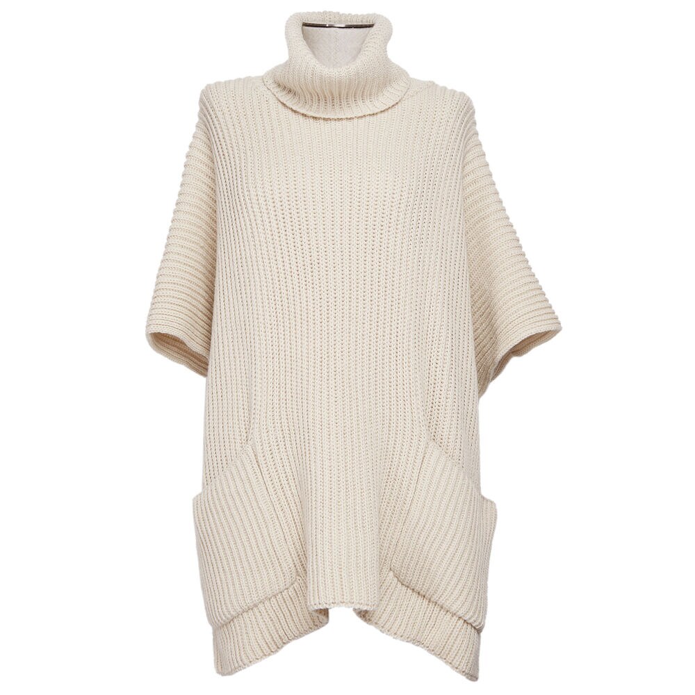 Ribbed Turtleneck Poncho,Bright White,large