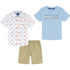 TODDLER BOYS' PRINTED SHIRT AND T-SHIRT 3PC SHORT SET,Navy,large