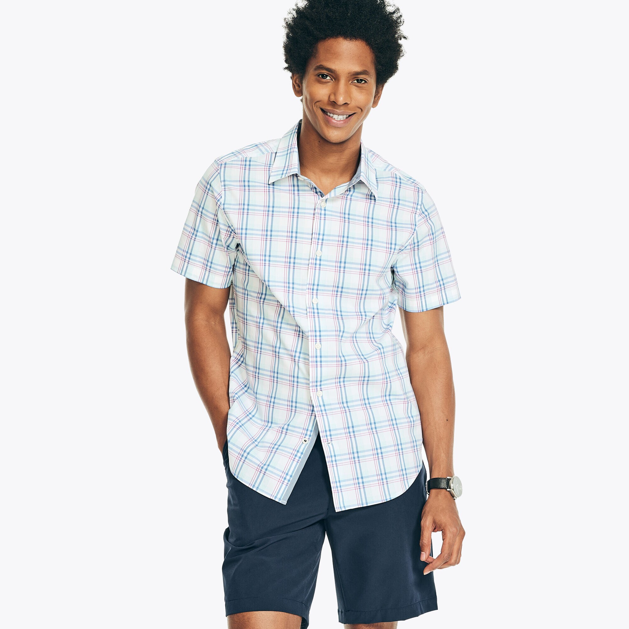 Big & Tall Navtech Classic Fit Plaid Short-Sleeve Shirt,Bright White,large