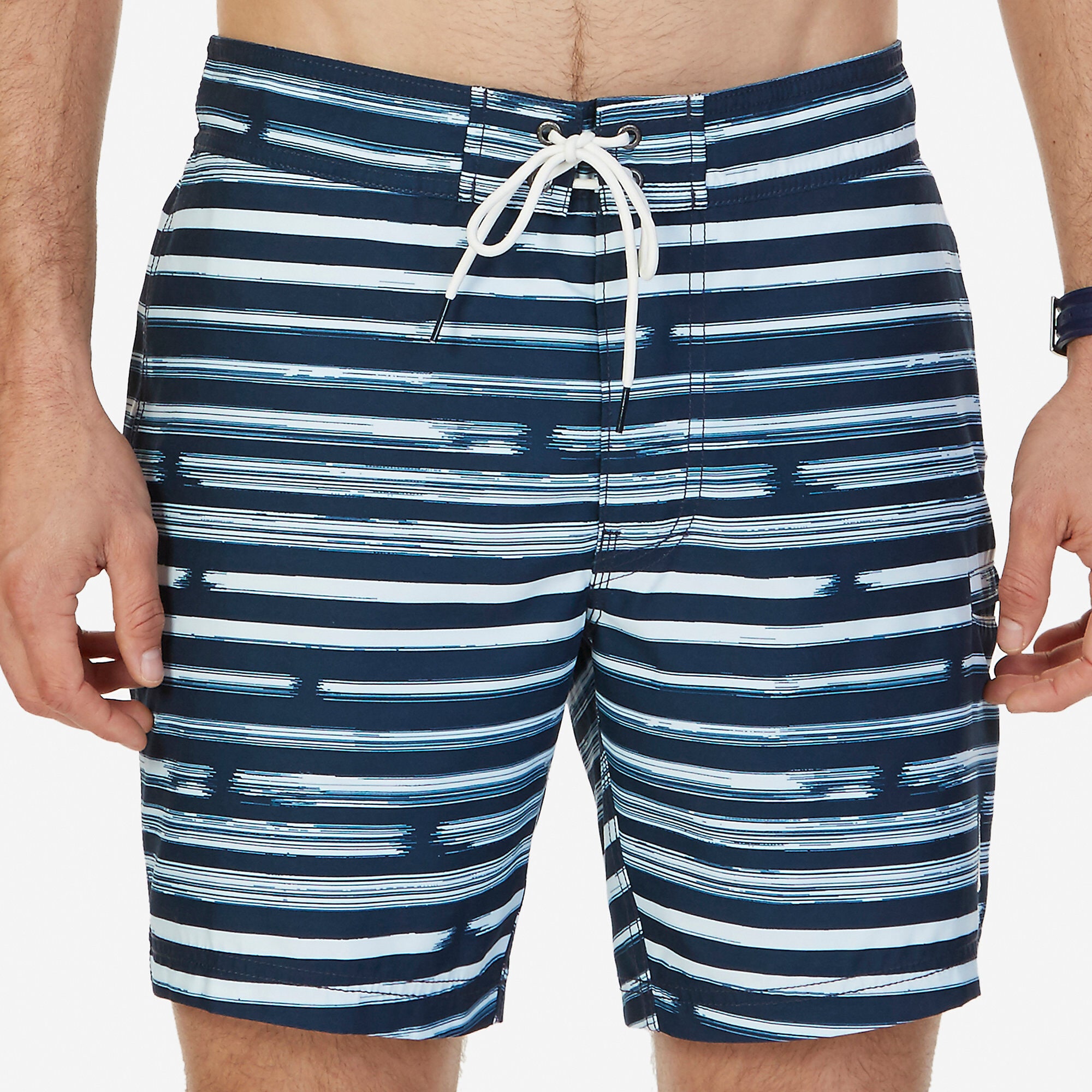 Quick Dry Striped Swim Trunk,True Navy,large