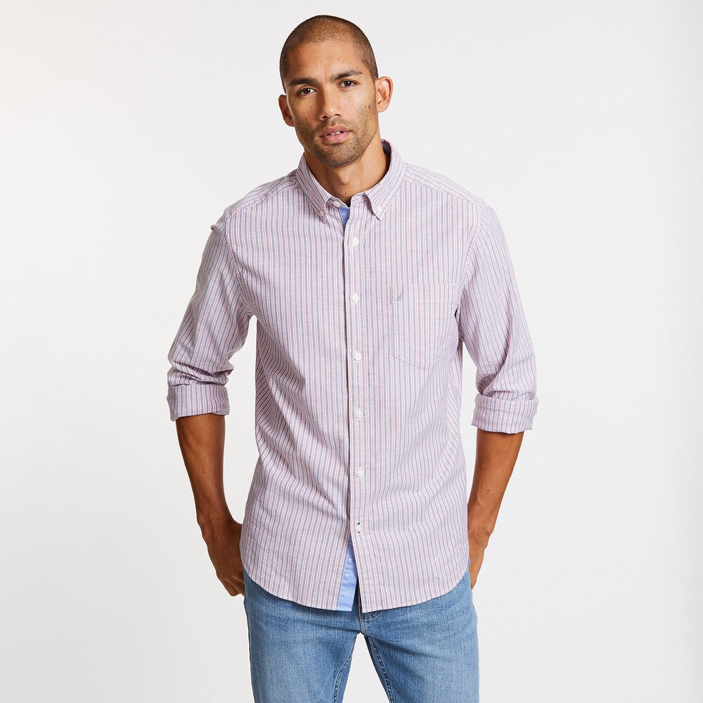 Long Sleeve Classic Fit Striped Oxford Shirt,Crimson,large