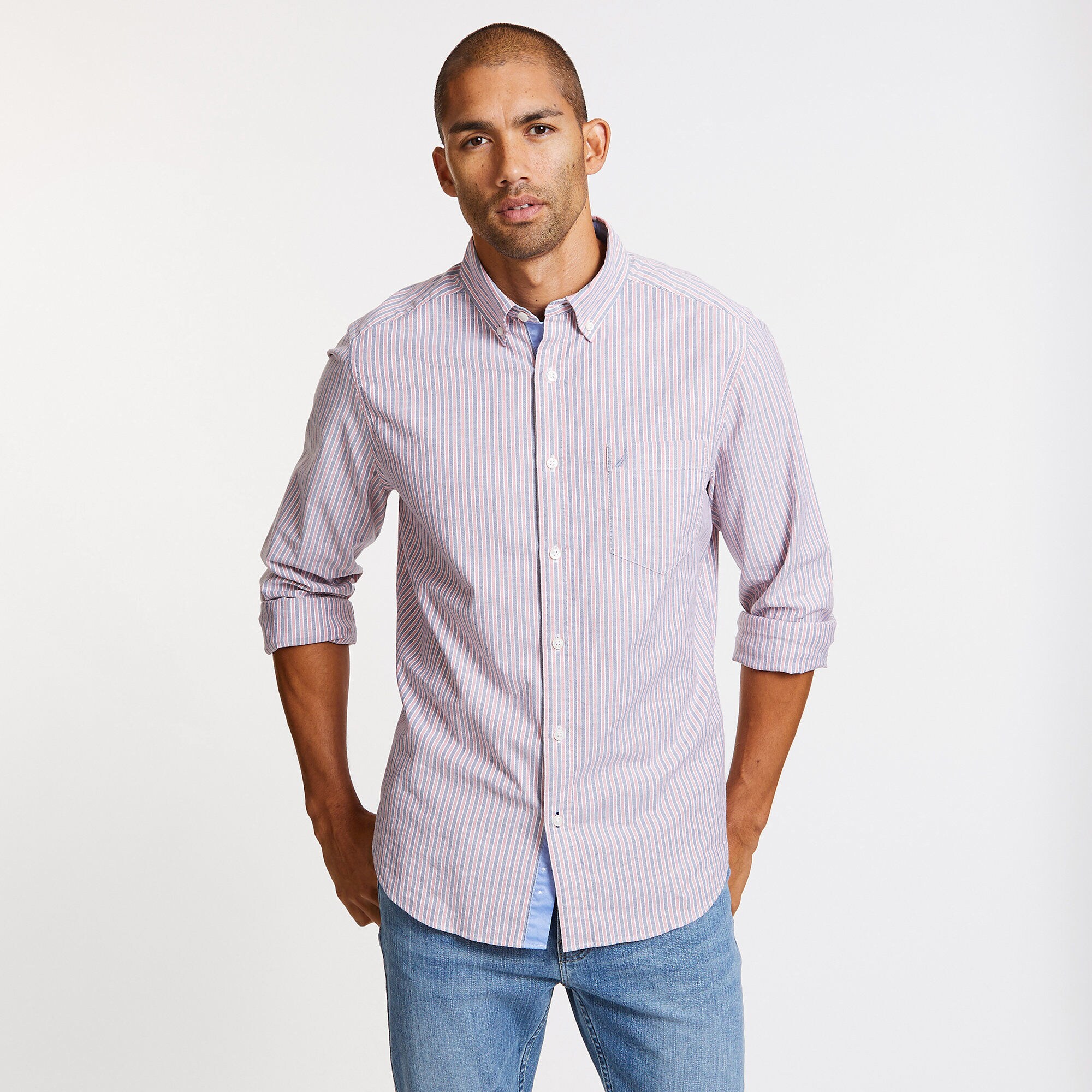 Long Sleeve Classic Fit Striped Oxford Shirt,Crimson,large