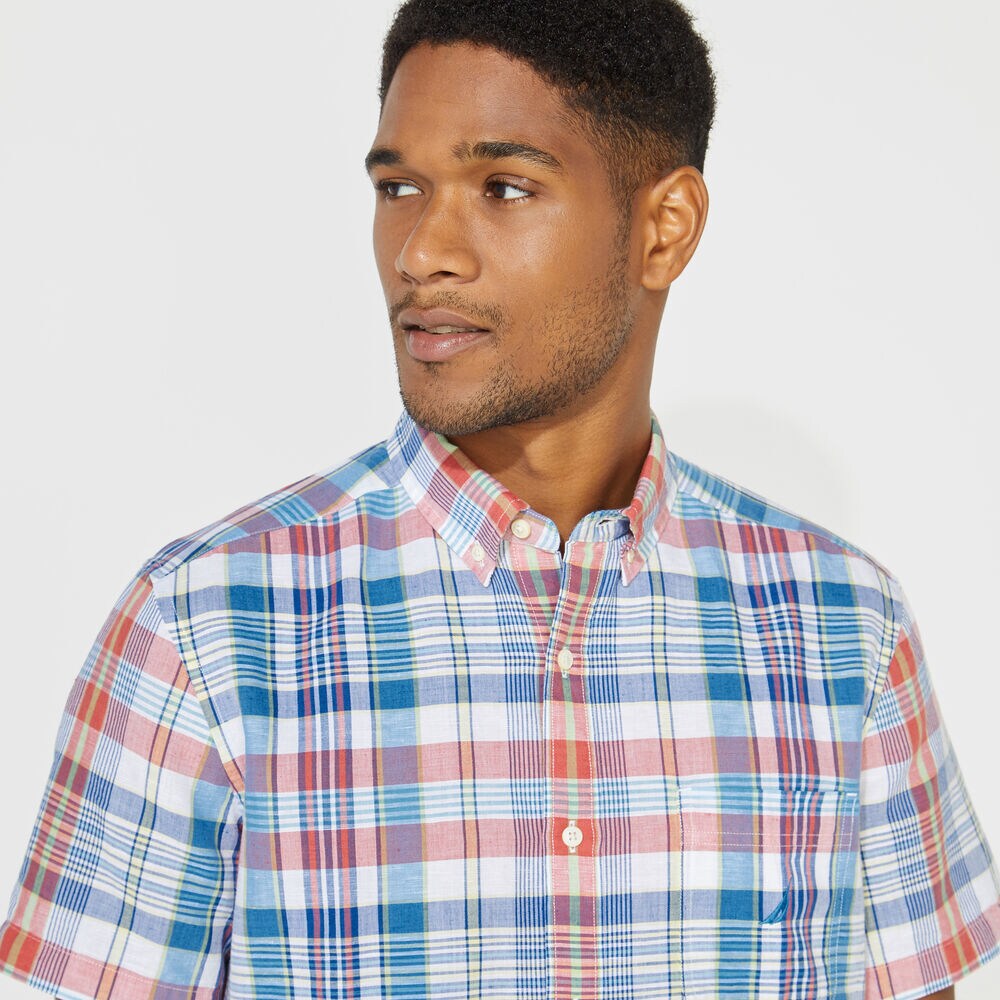 PLAID LINEN SHORT SLEEVE SHIRT,Bright White,large