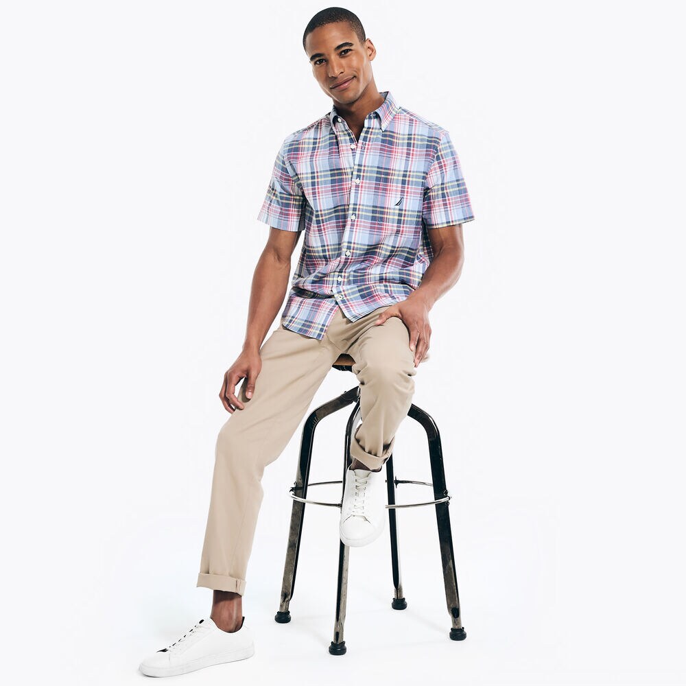 Big & Tall Heather Plaid Short-Sleeve Shirt,Sea Mist,large