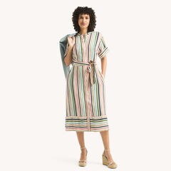 Striped Belted Midi Dress,Rolling River Wash,large