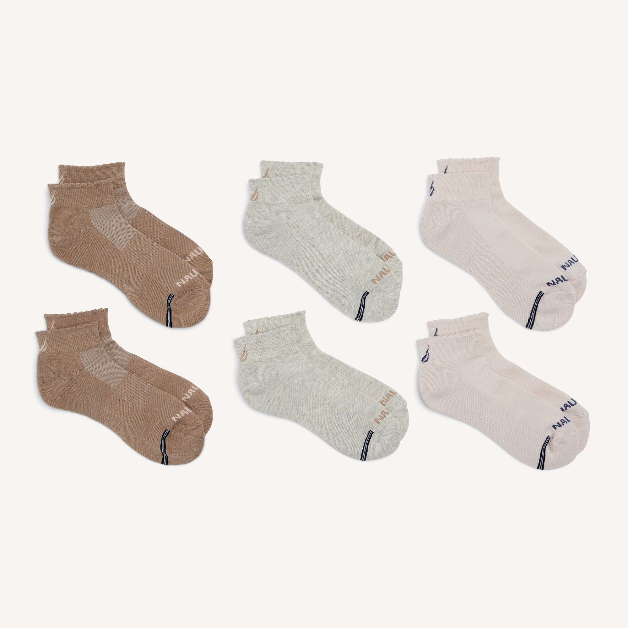 Scallop-Trim Quarter Socks, 6-Pack,True Khaki,large