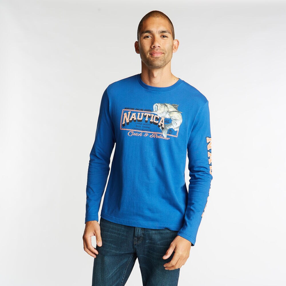 LONG SLEEVE JERSEY T-SHIRT IN CATCH & RELEASE GRAPHIC,Windsurf Blue,large
