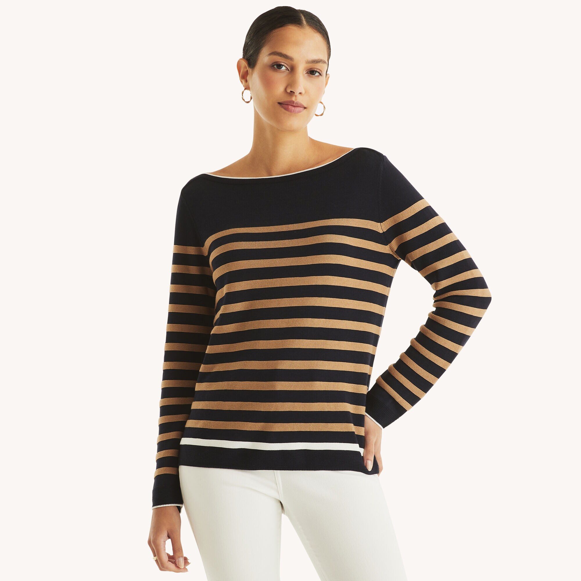 Striped Boatneck Sweater,Navy,large