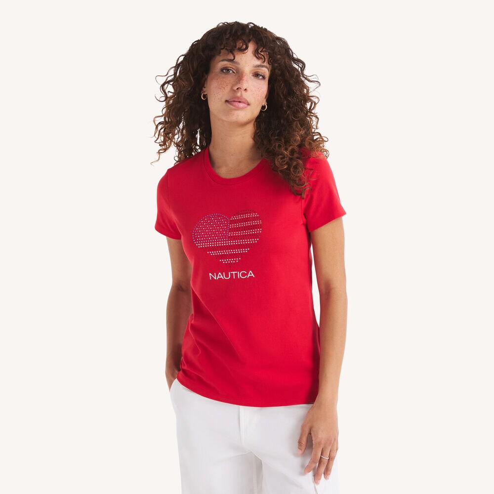 Rhinestone Flag Heart Graphic T-Shirt,Tomales Red,large