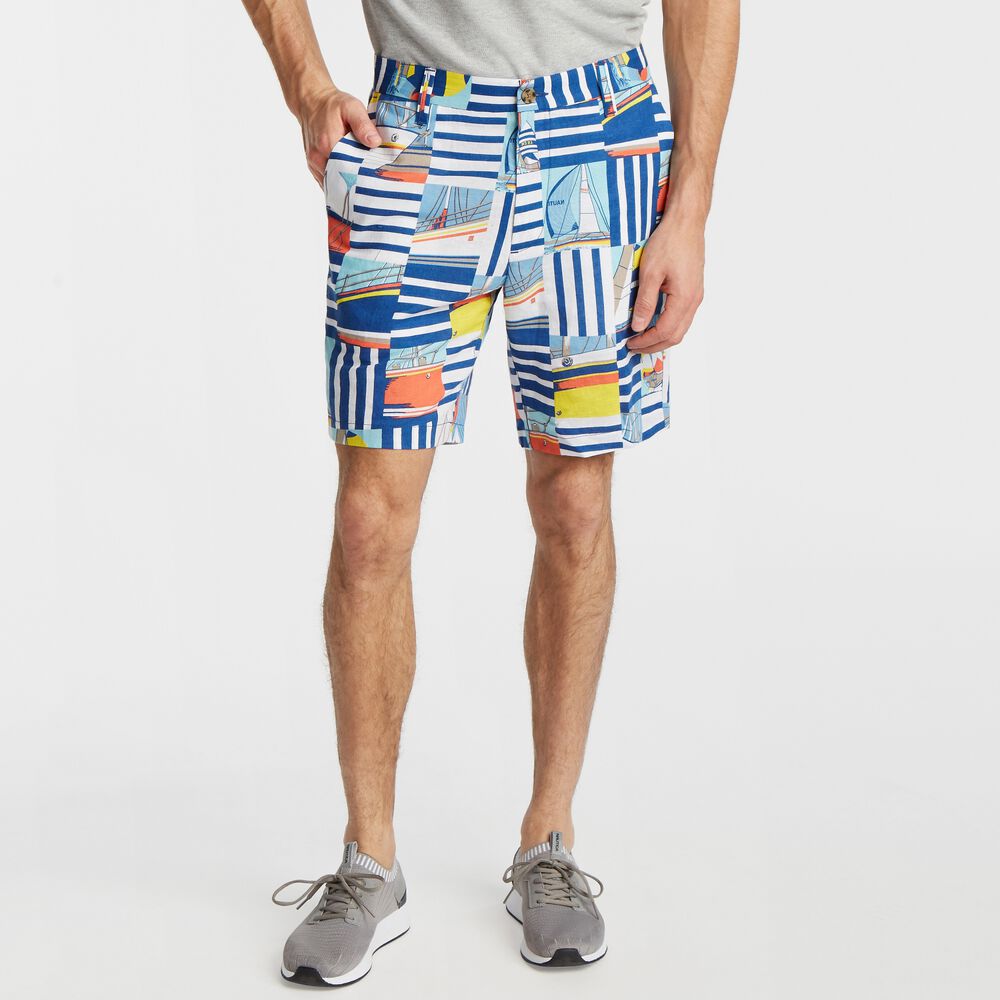 8.5" STRIPED SAILBOAT PRINT LINEN SHORT,Windsurf Blue,large