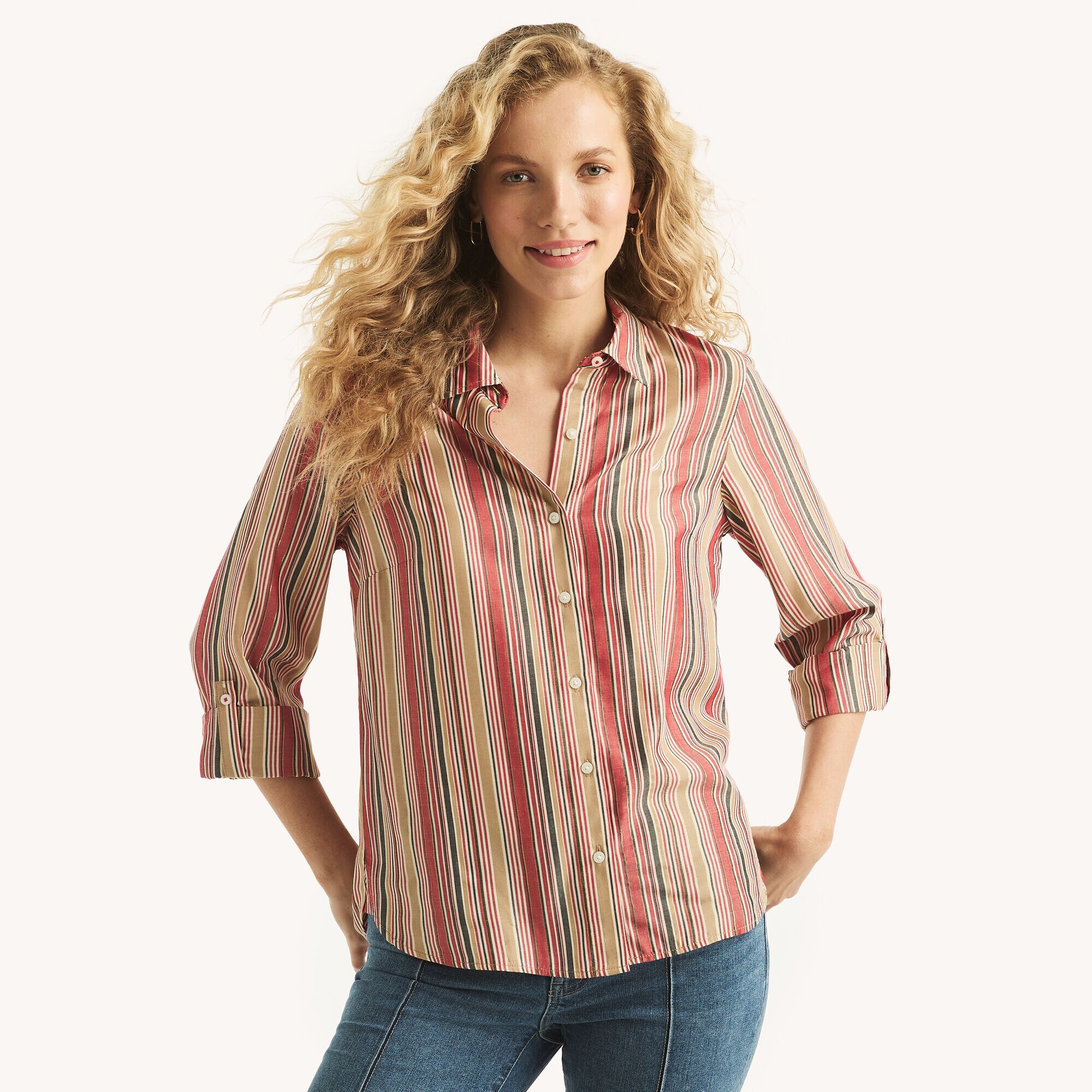 Striped Button-Down Shirt,Rogue Red,large