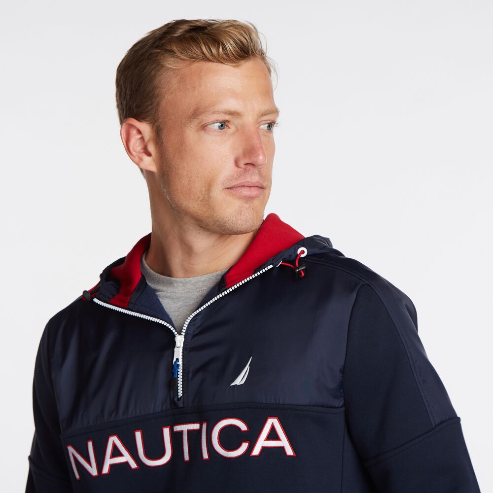 COLORBLOCK MIXED MEDIA QUARTER-ZIP HOODIE,Navy,large