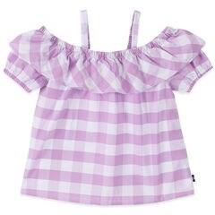 LITTLE GIRLS' GINGHAM COLD SHOULDER TOP (4-7),Thistle,large