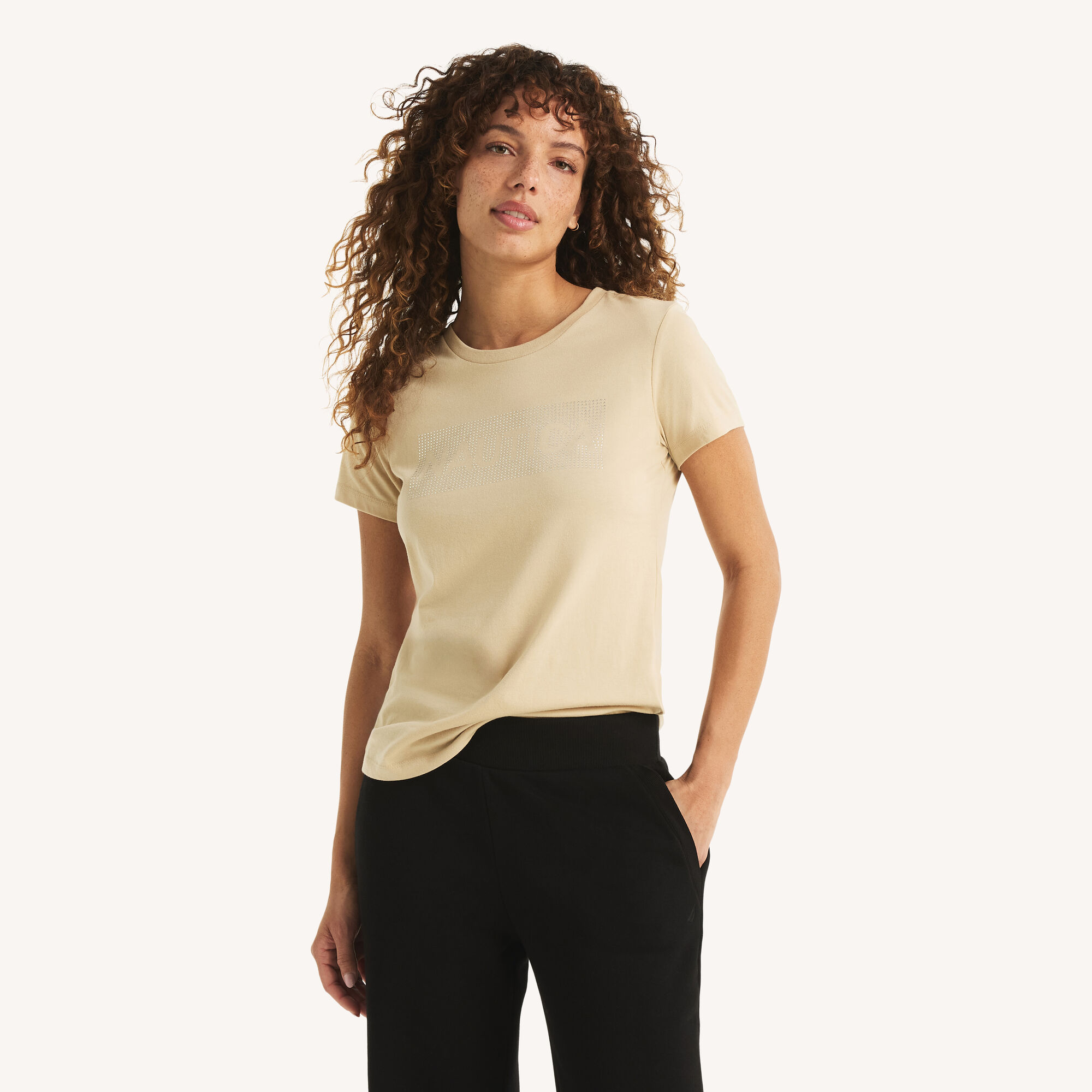 Rhinestone Logo Graphic T-Shirt,Camel,large