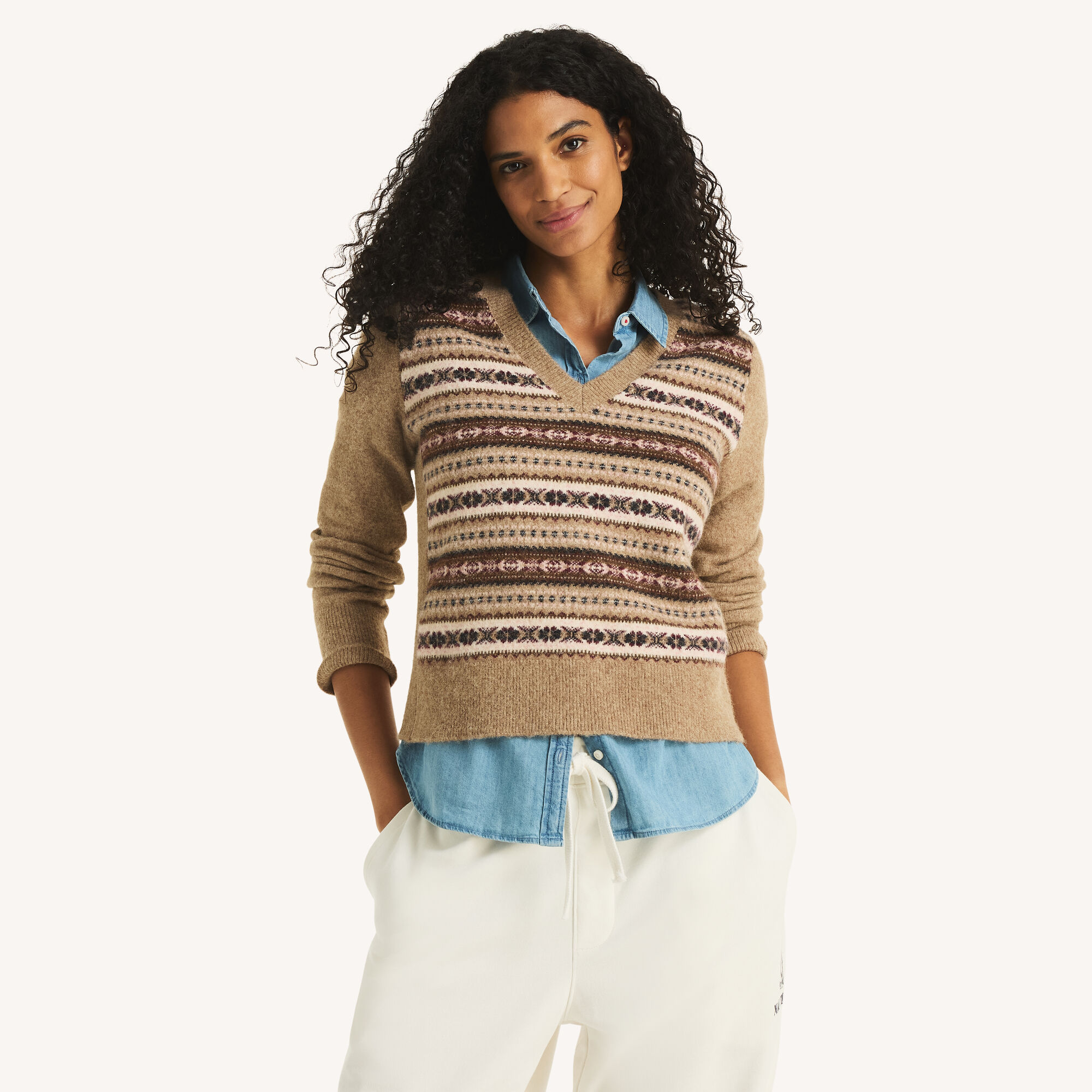 Striped V-Neck Sweater,Beige Heather,large