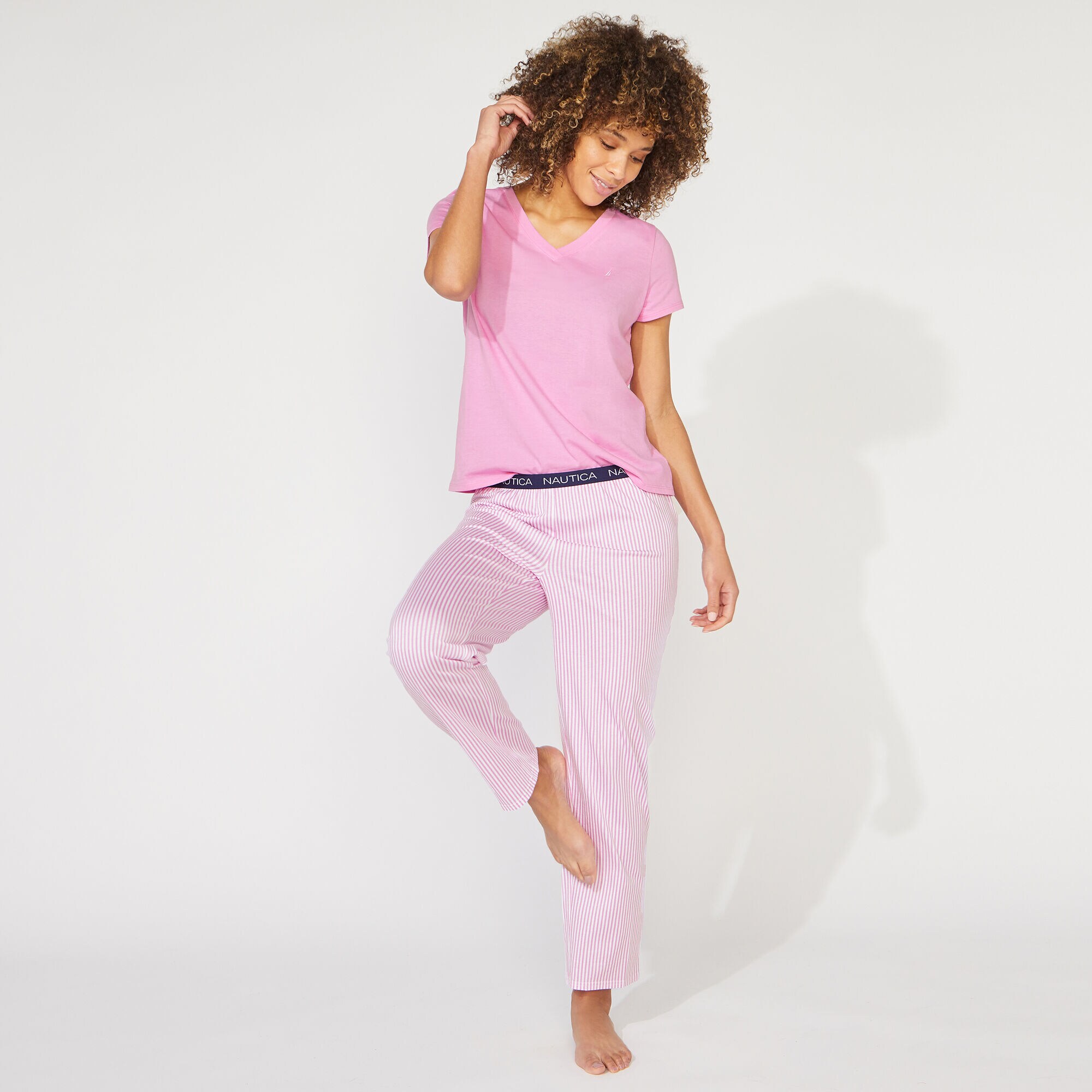 NAUTICA SIGNATURE STRIPED SHORT SLEEVE PAJAMA SET,Deep Fuschia,large