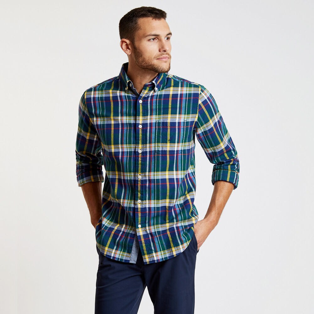 Long Sleeve Classic Fit Brushed Tartan Plaid Shirt,Cosmic Fern,large