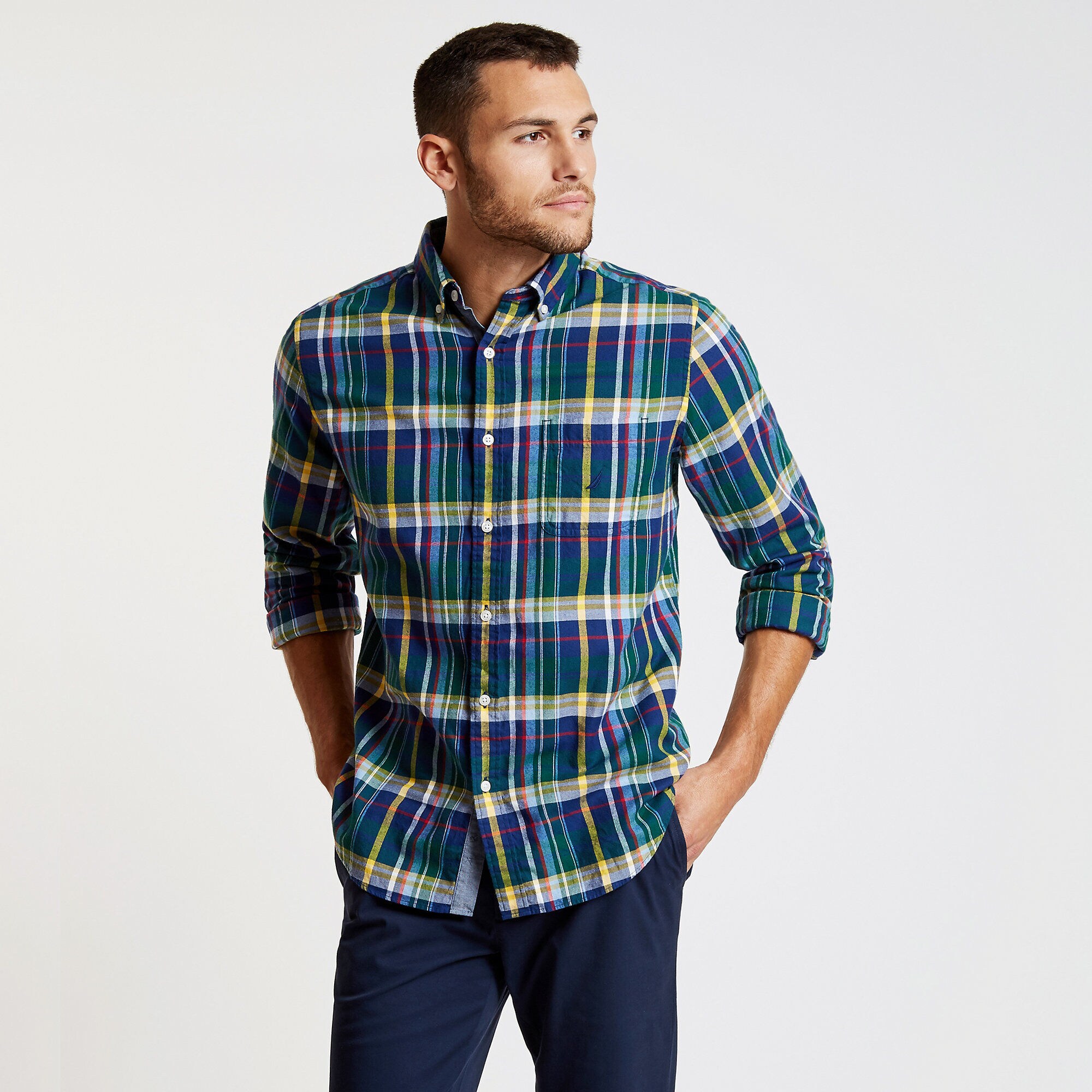 Long Sleeve Classic Fit Brushed Tartan Plaid Shirt,Cosmic Fern,large