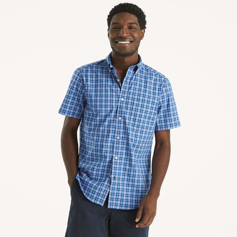 Classic Fit Wrinkle-Resistant Plaid Short-Sleeve Shirt,Estate Blue,large