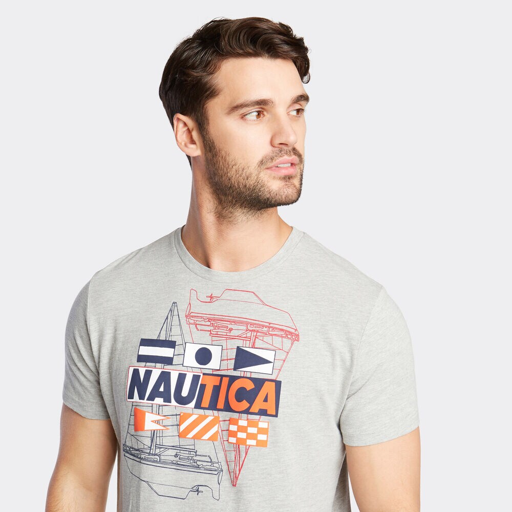 BOAT AND FLAG GRAPHIC T-SHIRT,Grey Heather,large
