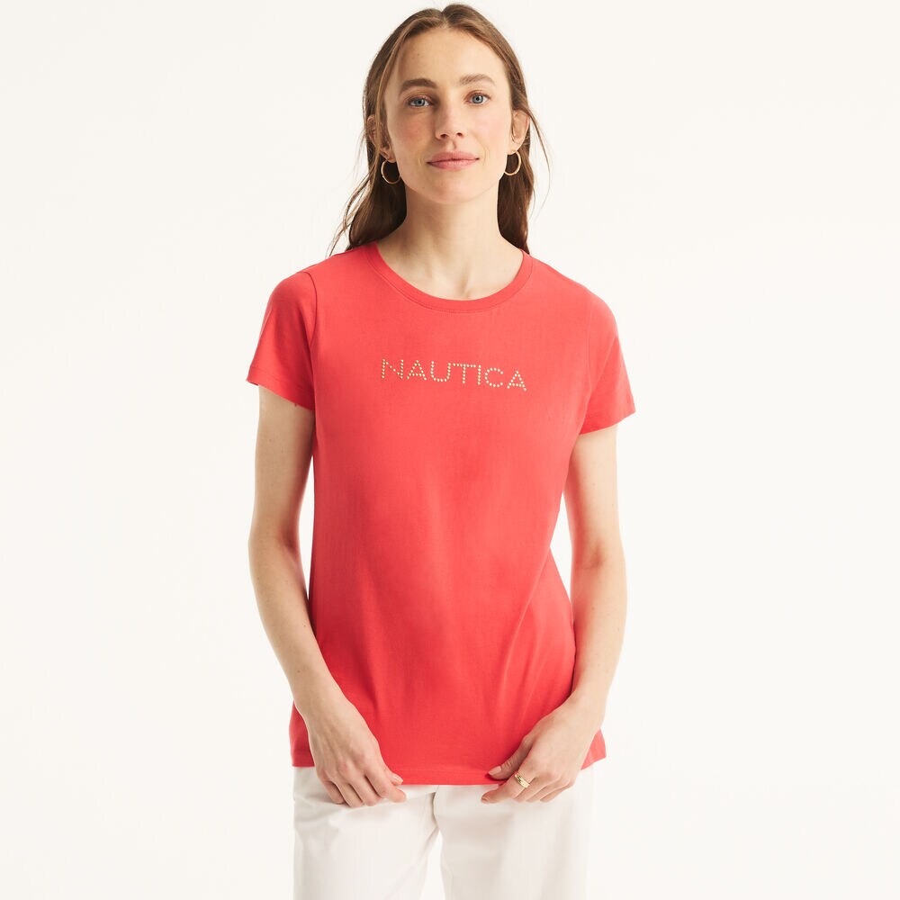Studded Logo Crewneck T-Shirt,Tomato,large