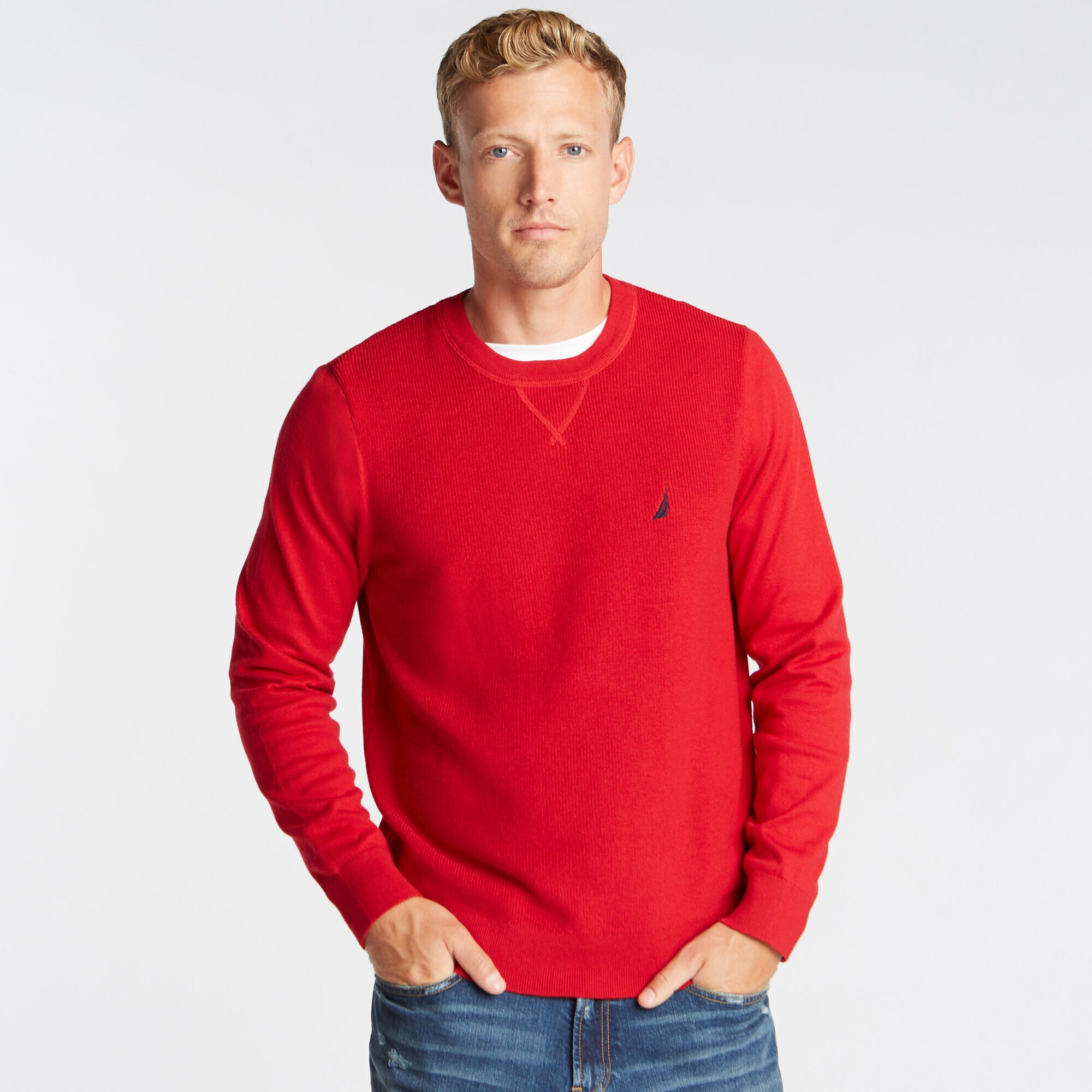 CREWNECK RIBBED FRONT SWEATER,Nautica Red,large