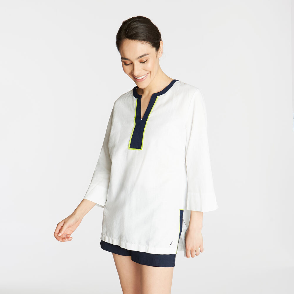 LINEN TUNIC TOP IN CONTRAST TRIM,Bright White,large