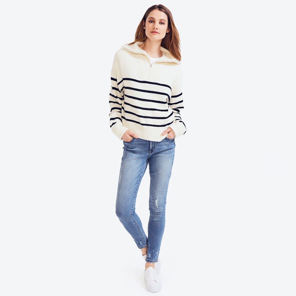 STRIPED QUARTER-ZIP SWEATER,Marshmallow,large