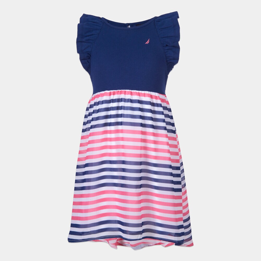 GIRLS' RUFFLE SLEEVE STRIPE KNIT DRESS (8-20),Aqua Isle,large