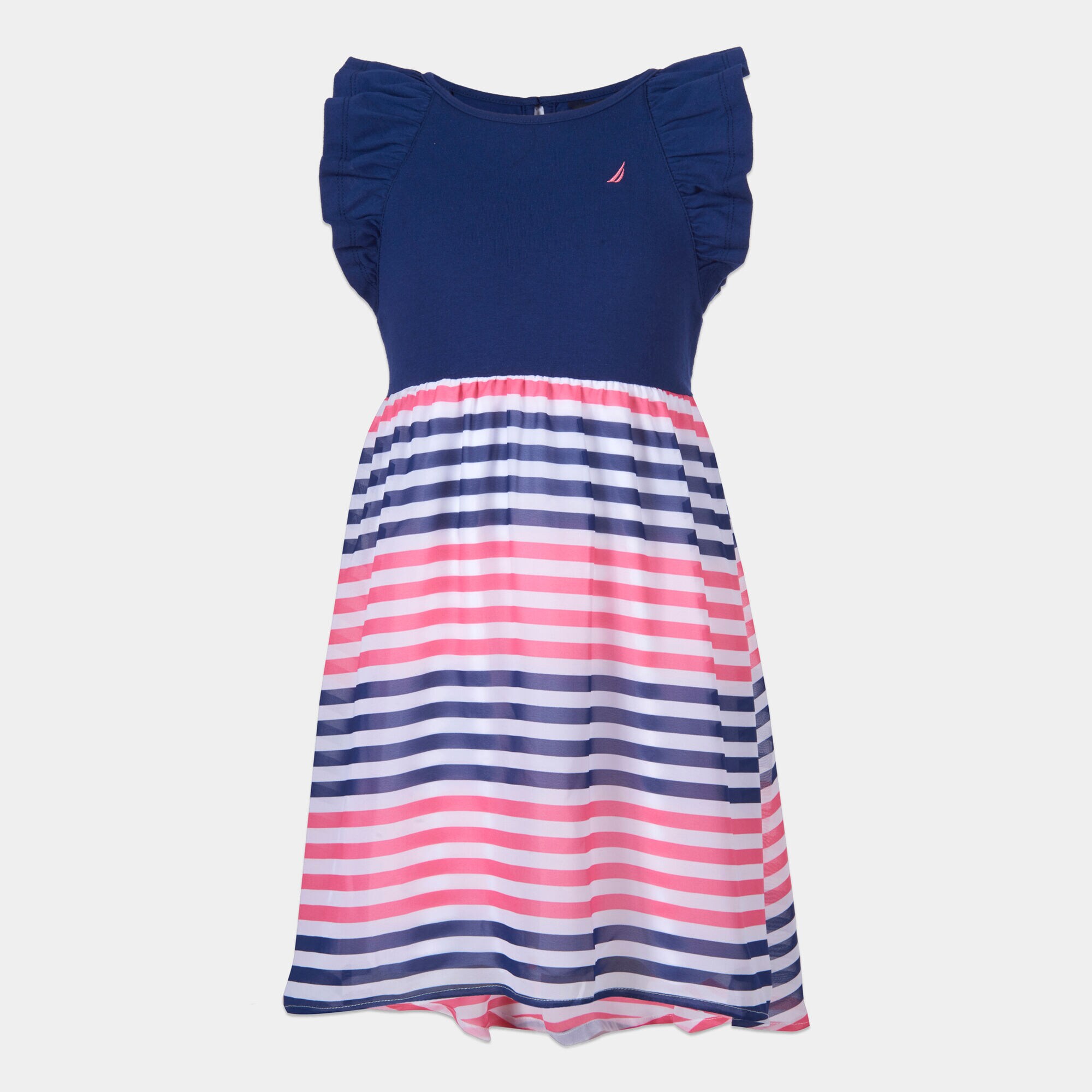 GIRLS' RUFFLE SLEEVE STRIPE KNIT DRESS (8-20),Aqua Isle,large