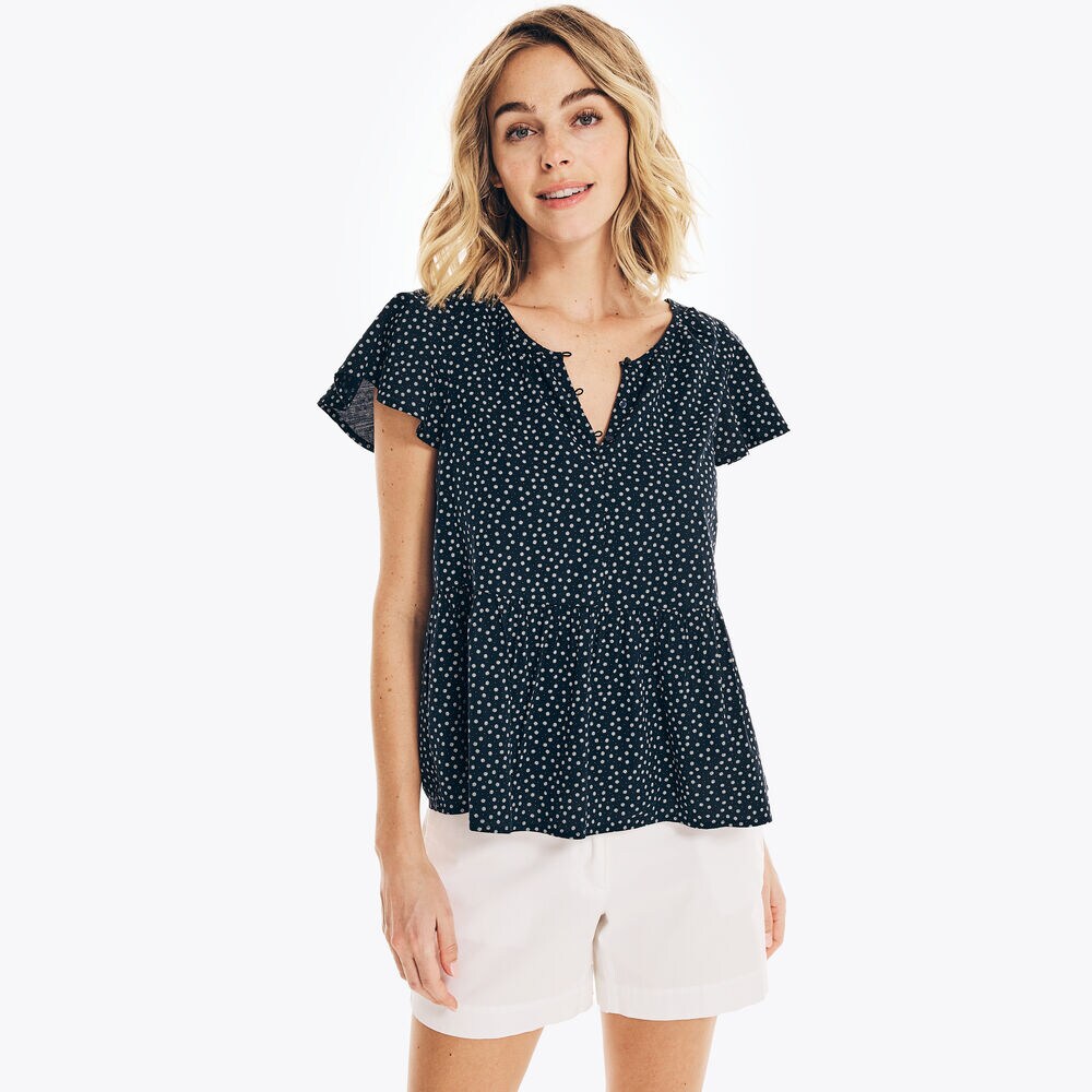 SUSTAINABLY CRAFTED SPLIT-NECK PEPLUM TOP,Stellar Blue Heather,large