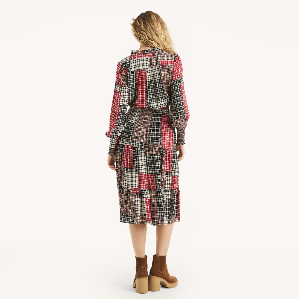 Plaid Smocked Midi Dress,True Black,large
