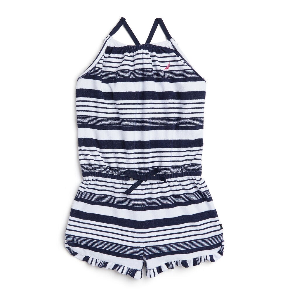 Girls' Striped Terry Romper,Navy,large