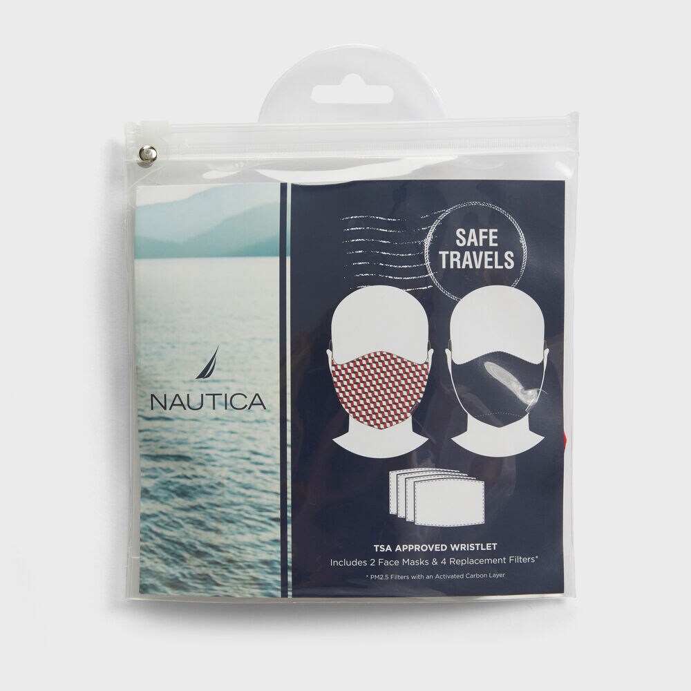 GEOMETRIC PRINT AND SOLID REUSABLE FACE MASK KIT WITH PM2.5 FILTERS, 2 PACK,Nautica Red,large