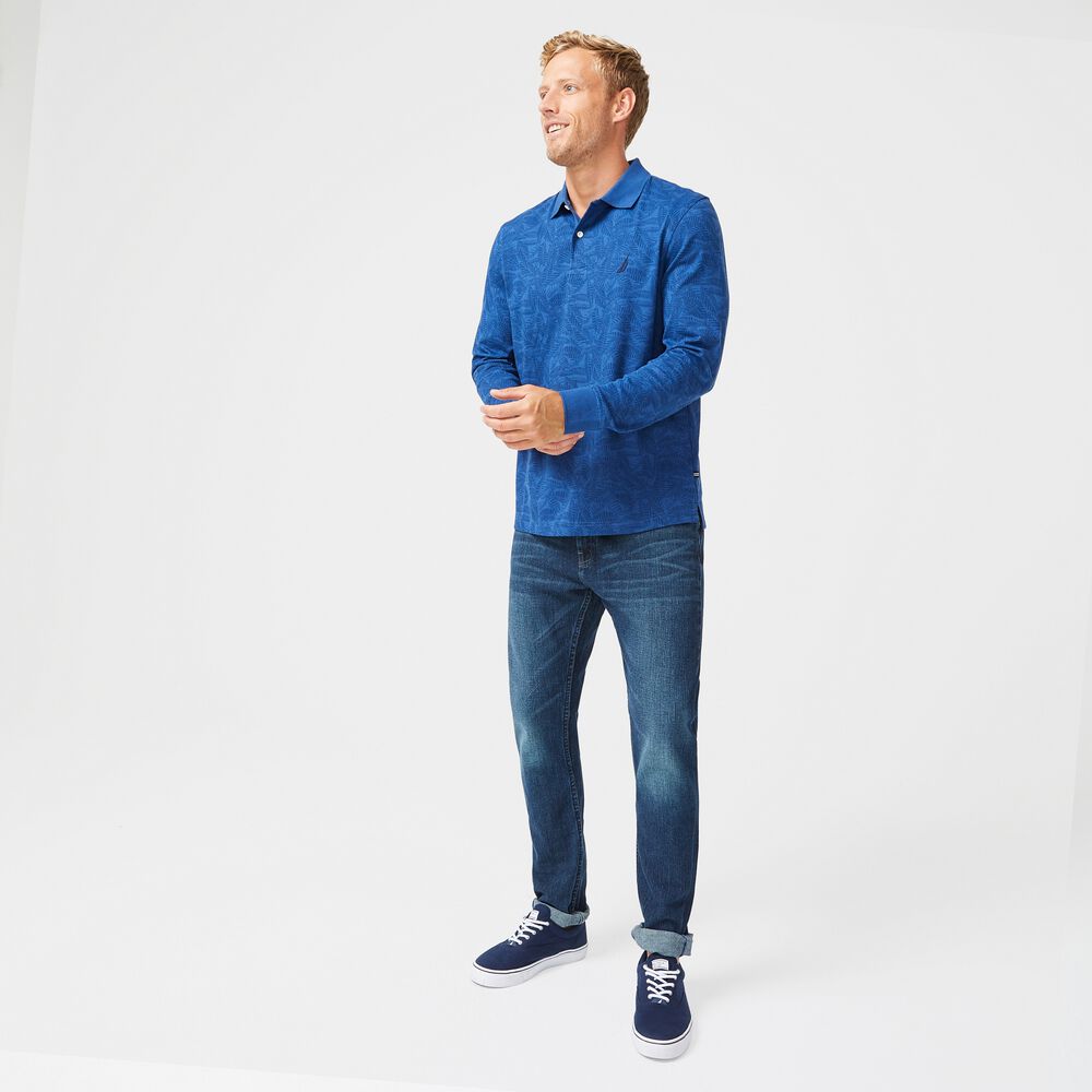 CLASSIC FIT LEAF PRINT LONG-SLEEVE POLO,Pure Adriatic Sea Wash,large