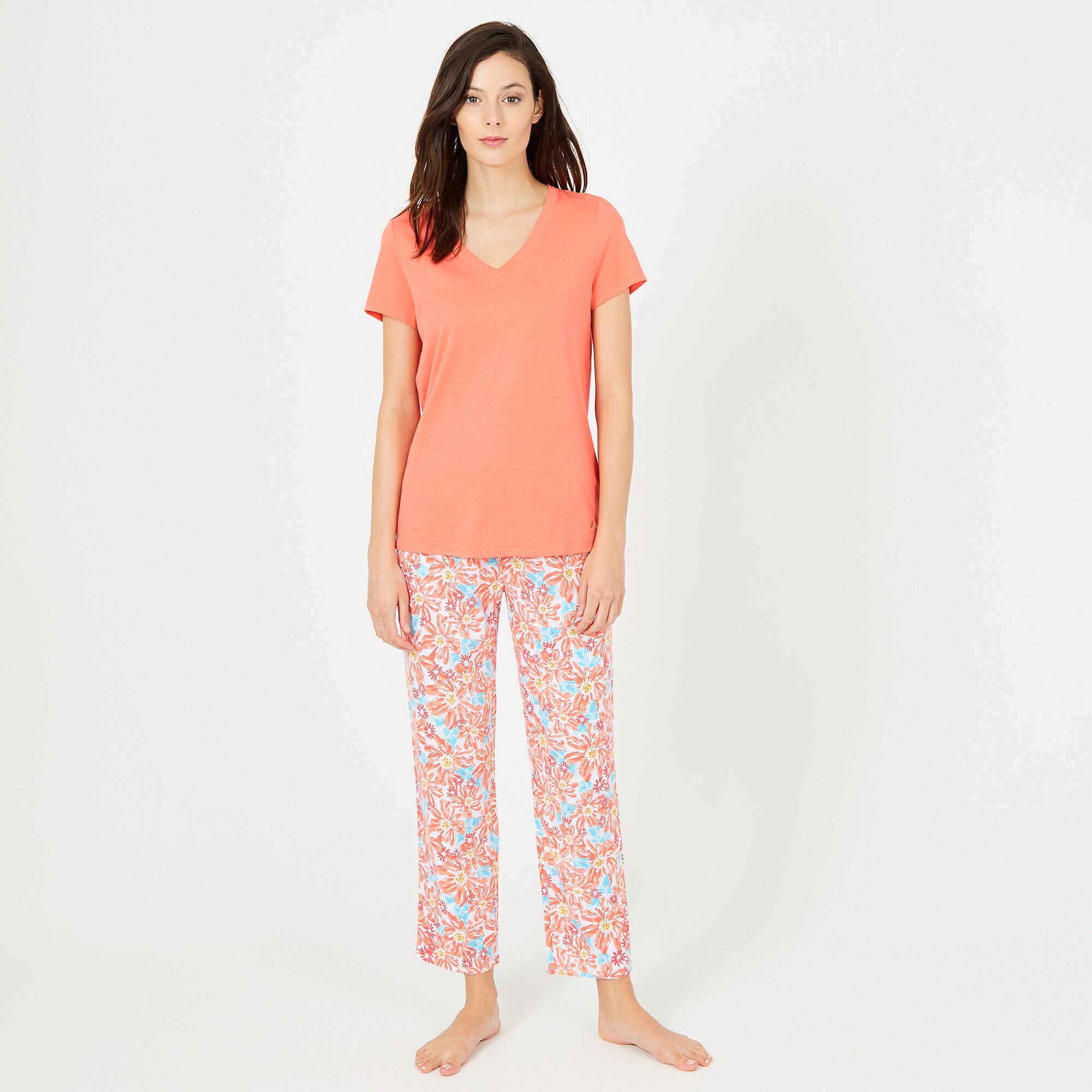 Solid Tee + Springtime Bloom Pants PJ Set,Bright White,large