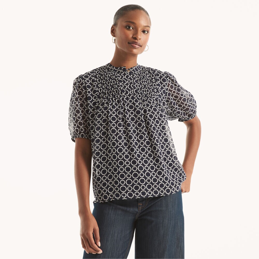 Popover Pintuck Printed Blouse,Sapphire/Pitch Yellow,large