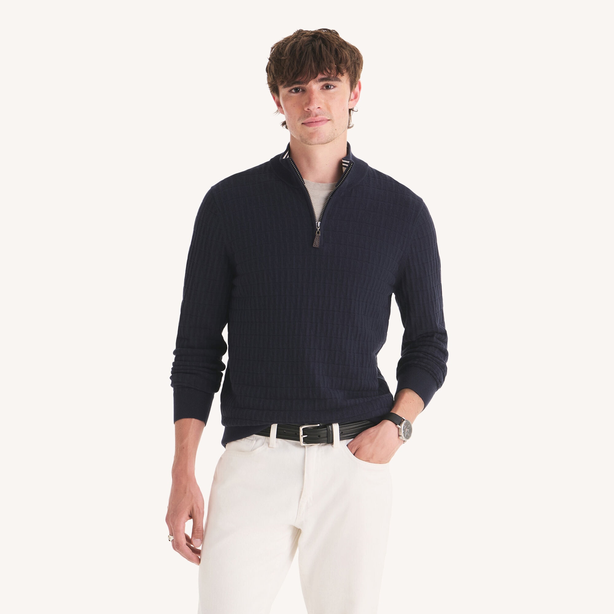 Textured Logo Quarter-Zip Sweater,Stellar Blue Heather,large