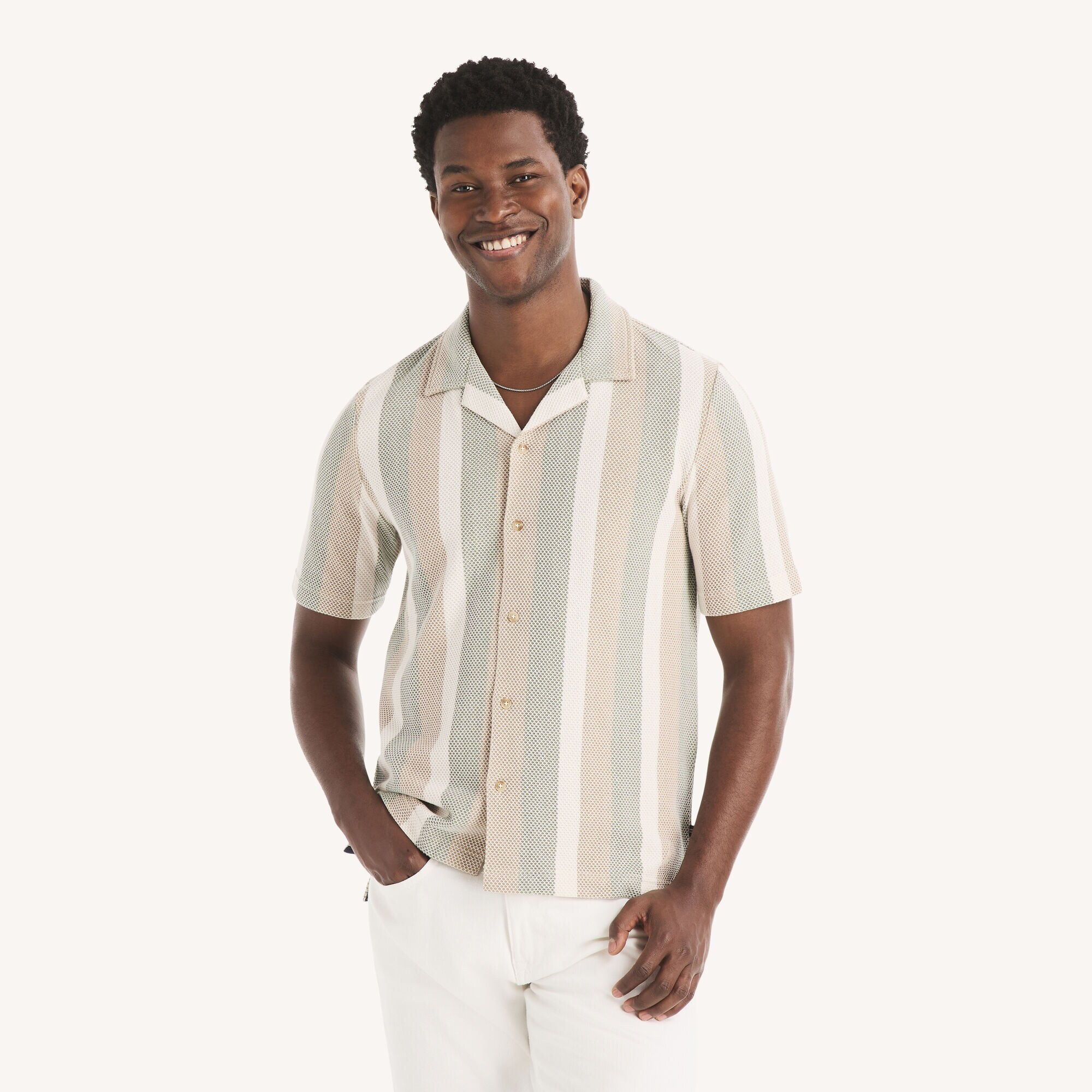 Classic Fit Textured Button-Front Polo,Natural,large
