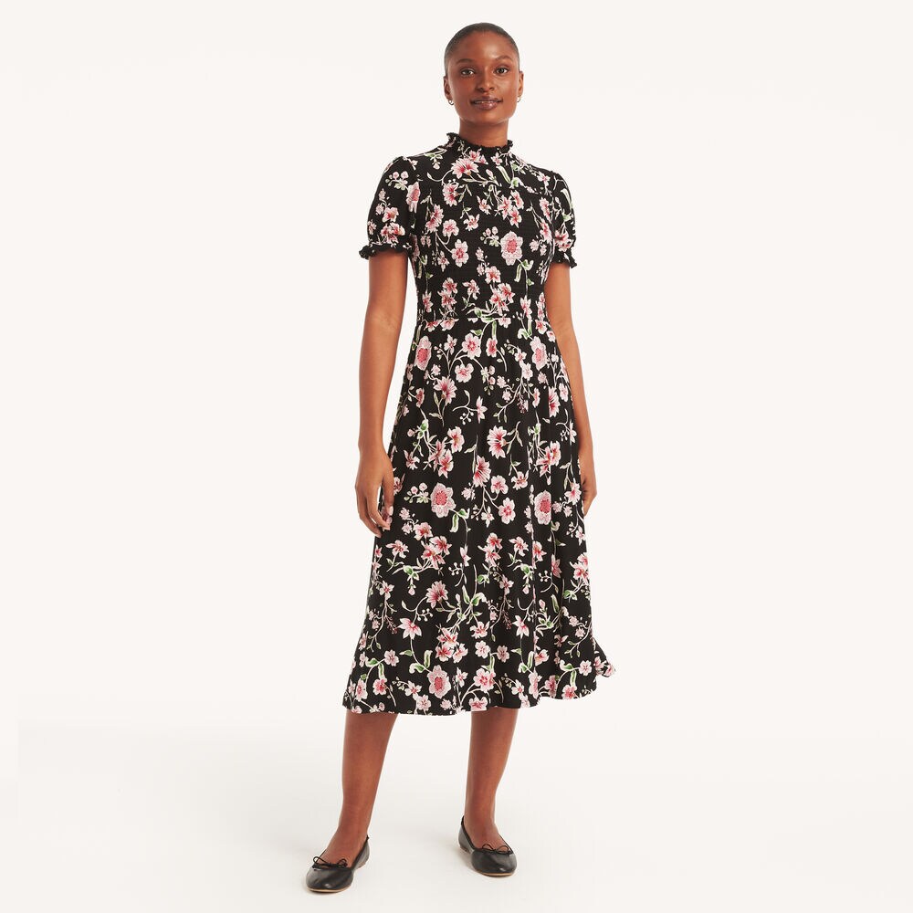 Floral Print Smocked Dress,True Black,large