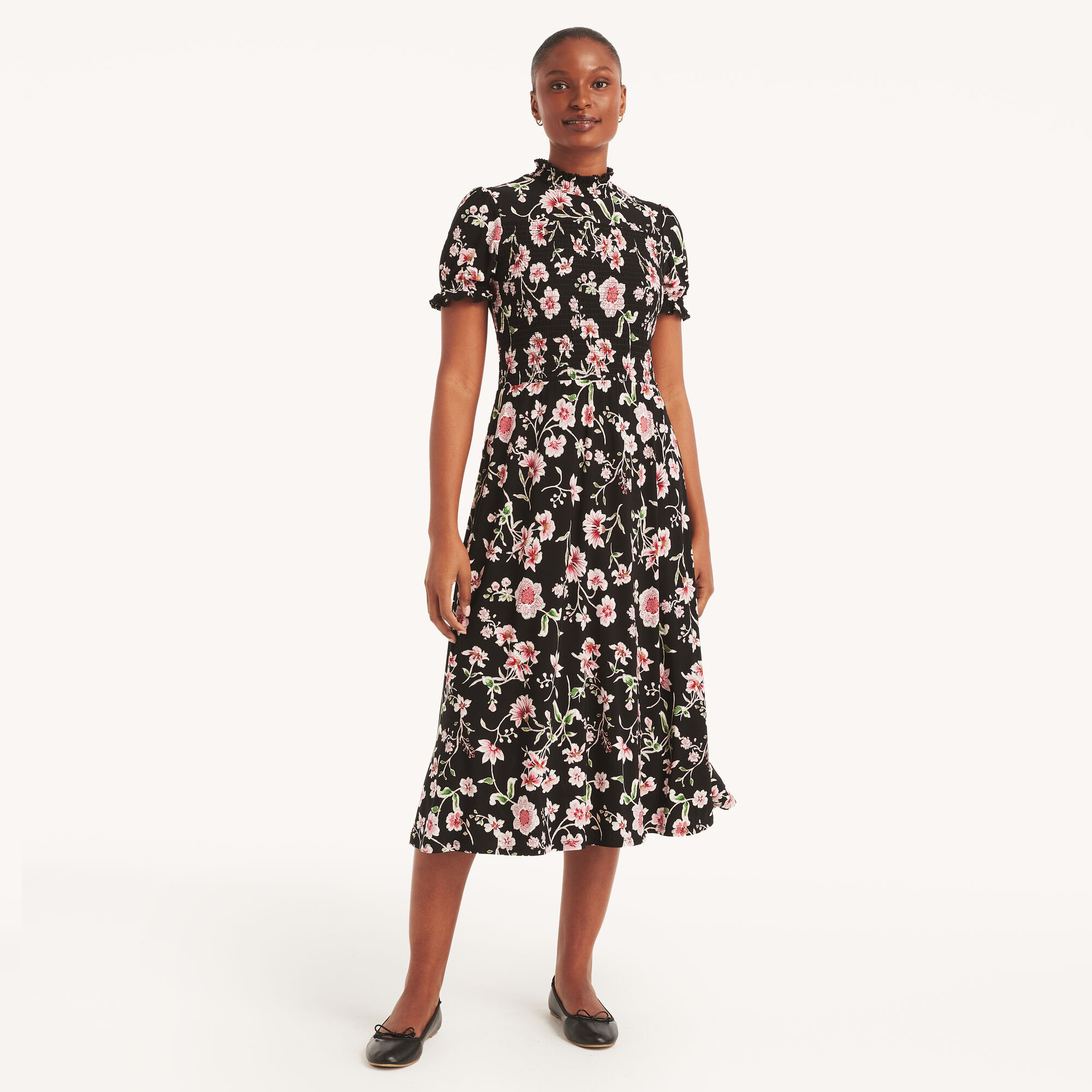 Floral Print Smocked Dress,True Black,large