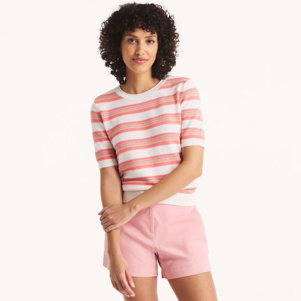 Striped Short-Sleeve Sweater,Sail White,large