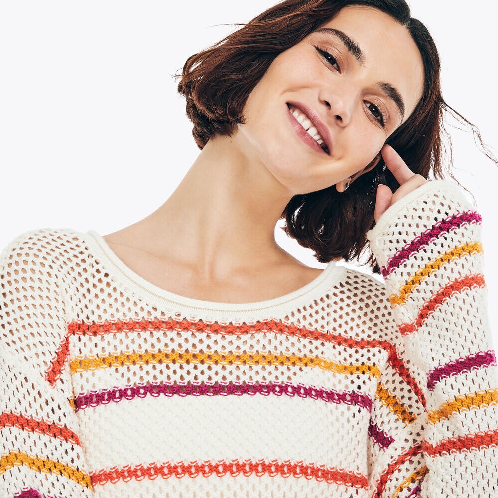 Striped Mesh Crewneck Sweater,Almond,large