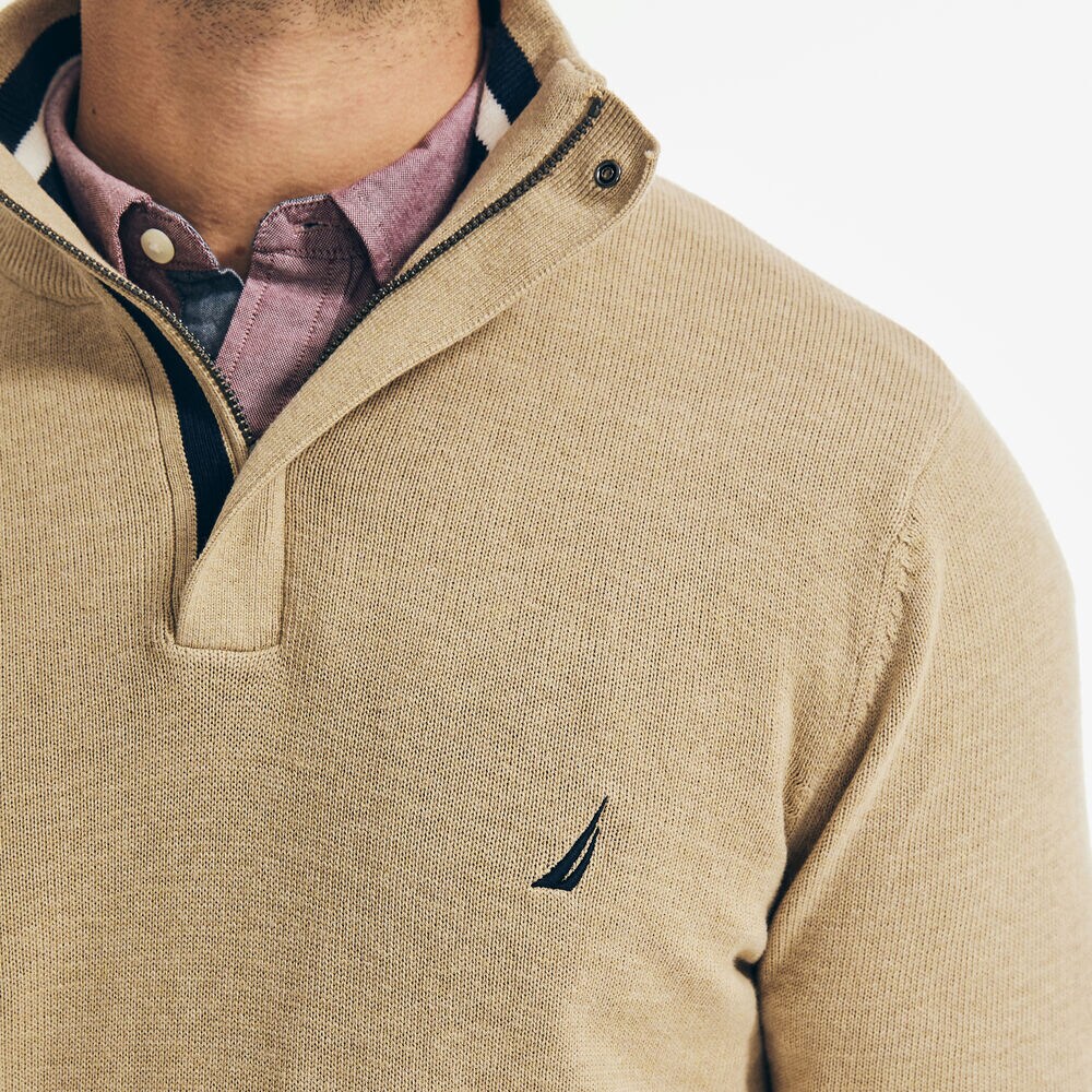STRIPED-TRIM QUARTER-ZIP SWEATER,Dark Otter,large