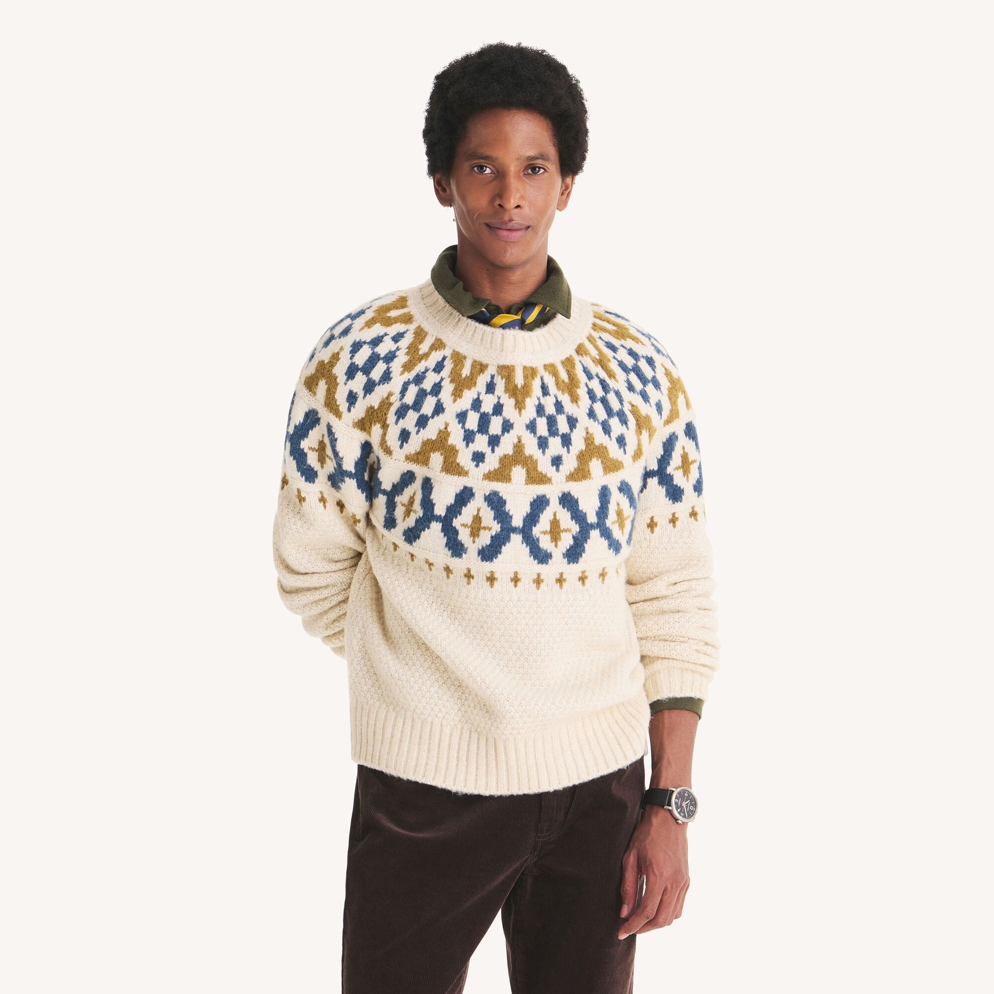 Fair Isle Crewneck Sweater,Natural,large