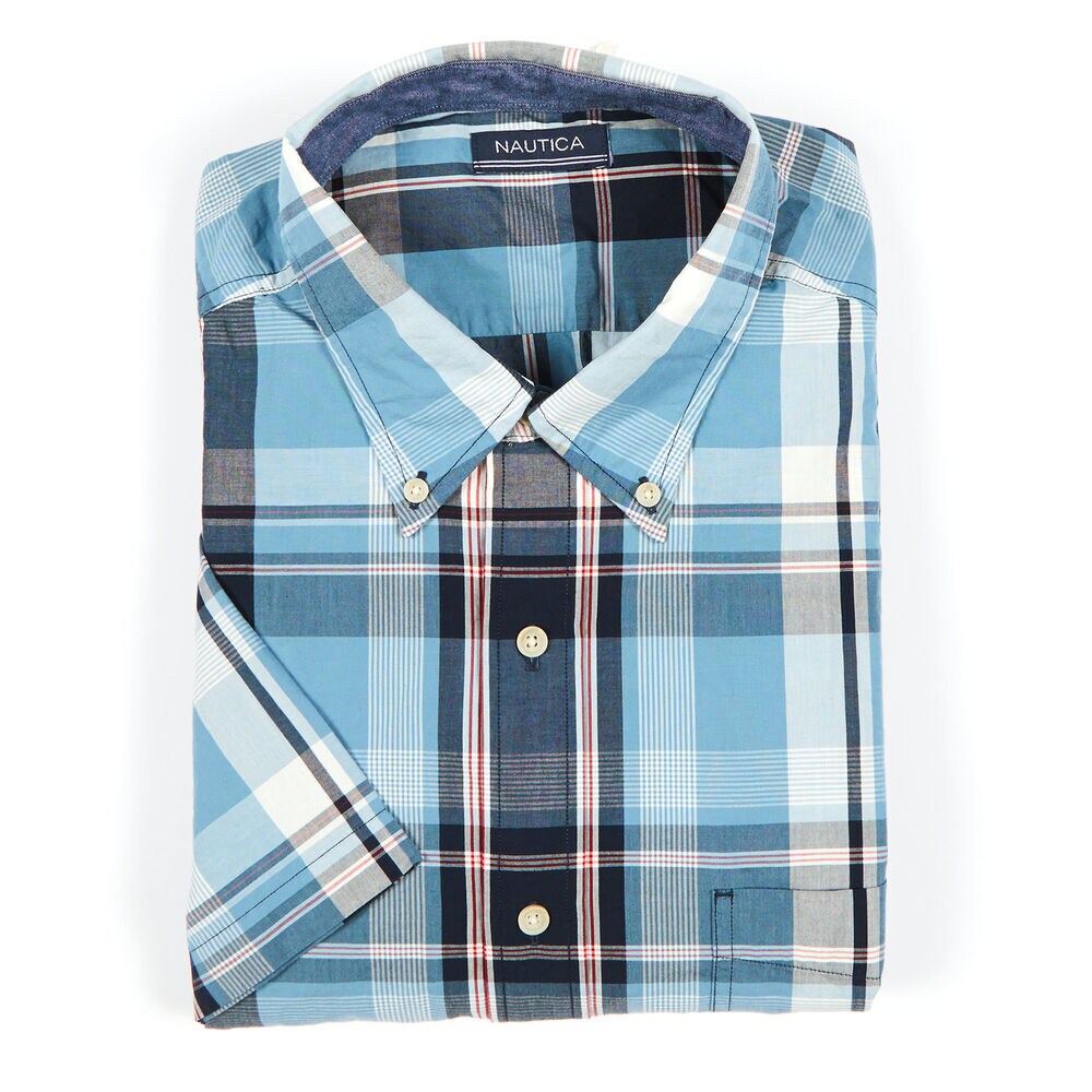 Big & Tall Plaid Short Sleeve Button-Down Shirt,Aquadream,large