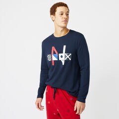 SLIM FIT GRAPHIC LONG SLEEVE AND KNIT PANTS PAJAMA SET,Navy,large