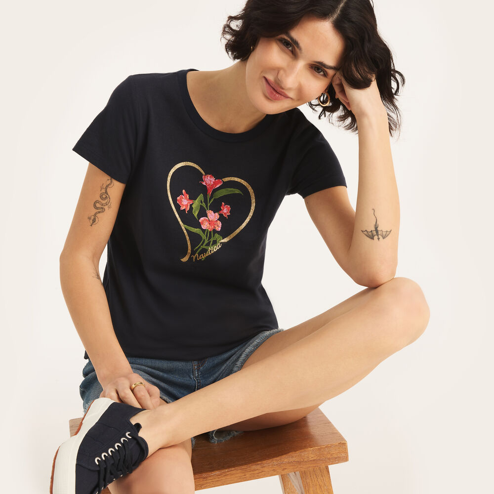 Glitter Hearted Flowers Graphic T-Shirt,Stellar Blue Heather,large