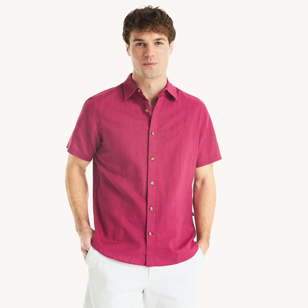 Short-Sleeve Linen Deck Shirt,Rescue Red,large