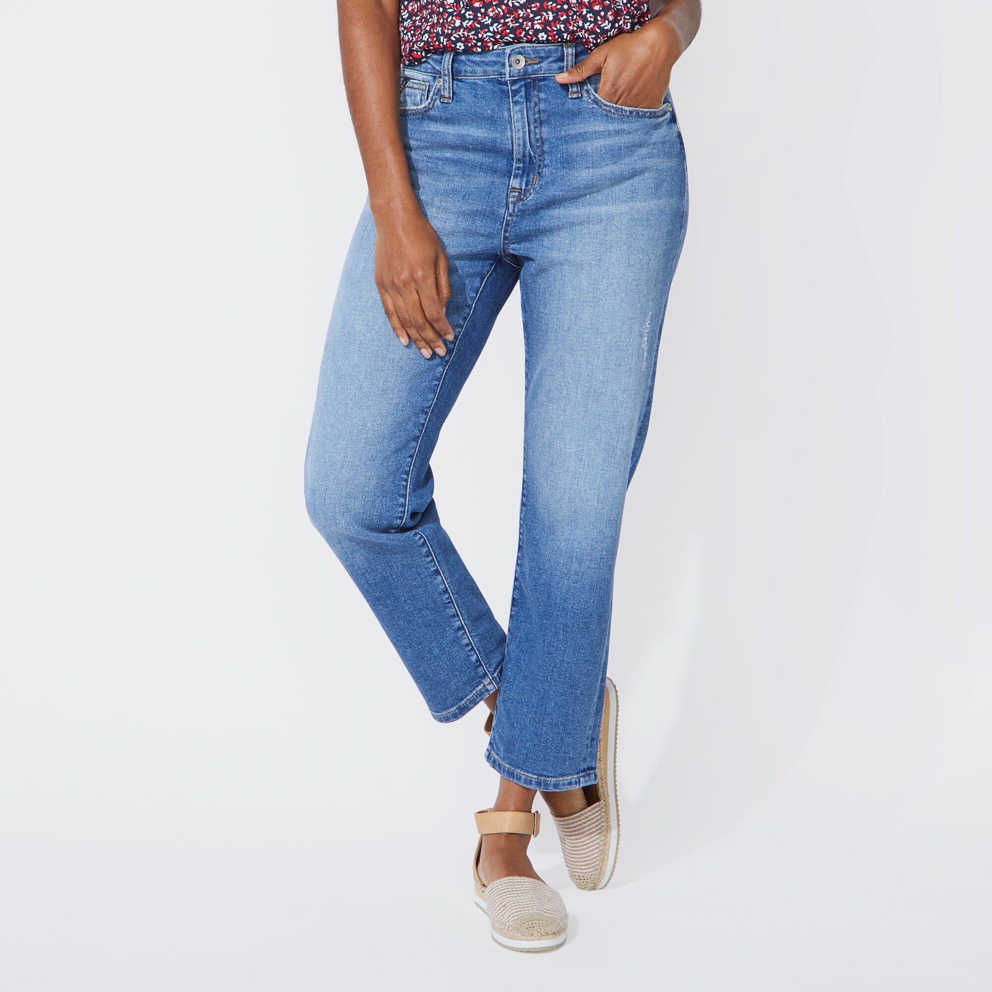 NAUTICA JEANS CO. DISTRESSED MID RISE STRAIGHT LEG DENIM,Blue Mirage,large